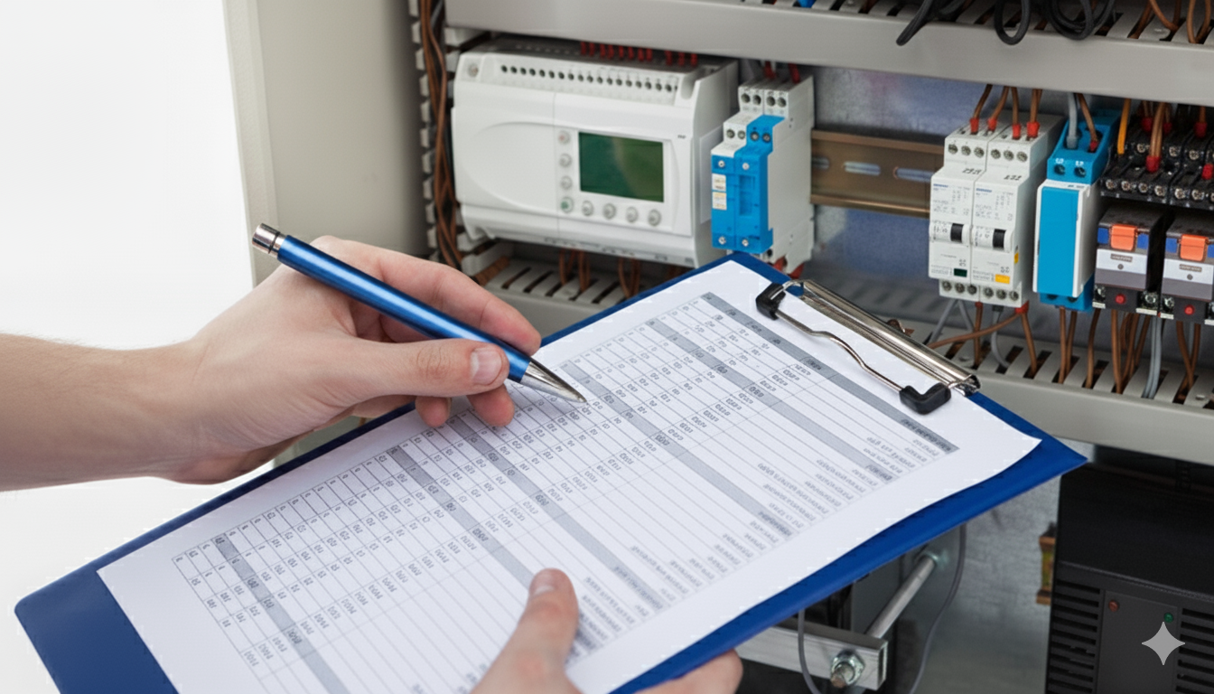 Inspector reviewing detailed electrical checklist in front of electrical panel