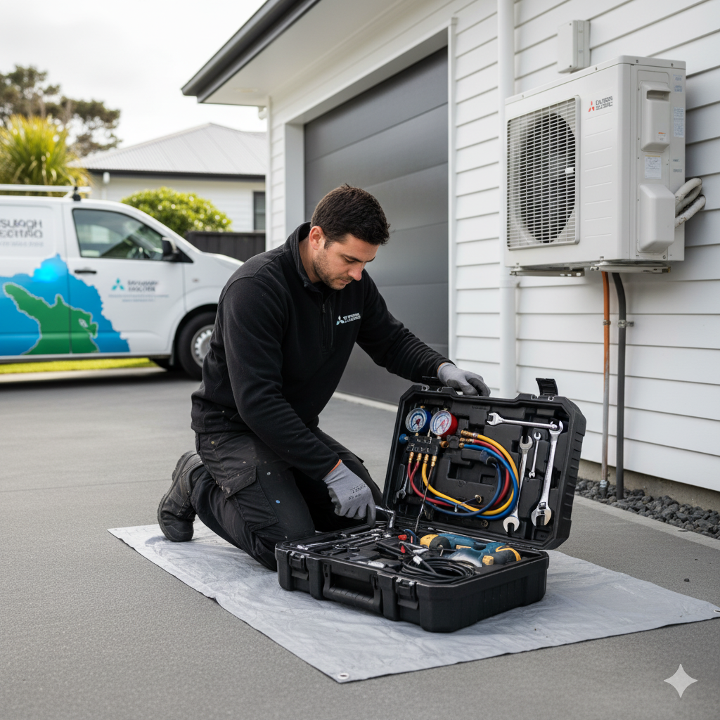 Technician servicing heat pump with professional tools