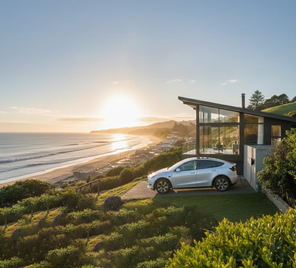 Modern home with EV charging station overlooking the coast
