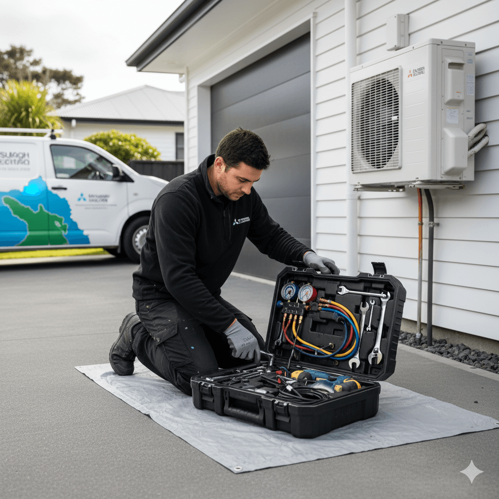 Technician servicing heat pump with professional tools