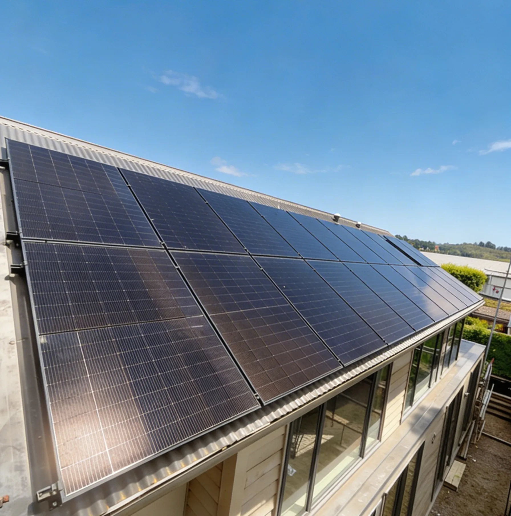 A row of black solar panels installed on the dark metal roof of a modern two-story house.