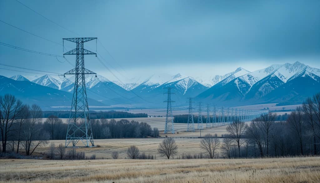 High-voltage transmission towers across the Otago plains with snow-capped mountains on the horizon.