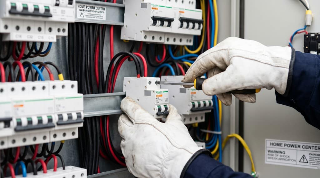 Electrician in white gloves working on a residential switchboard circuit breaker panel.