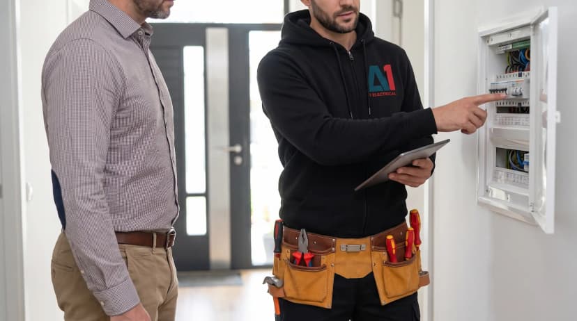 Landlord and electrician reviewing a switchboard in an Otago rental property.