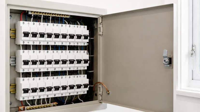 Close up of a residential switchboard with circuit breakers and safety switches.