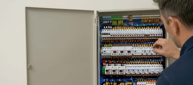 Upgraded home switchboard with labelled breakers and neat cabling for safer circuits.