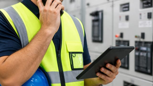 Electrician in high-visibility gear on the phone with a tablet beside an industrial electrical control panel during an after-hours callout.