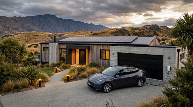 Tesla charging at a wall-mounted EV charger outside a modern Otago home with solar panels and mountain views.