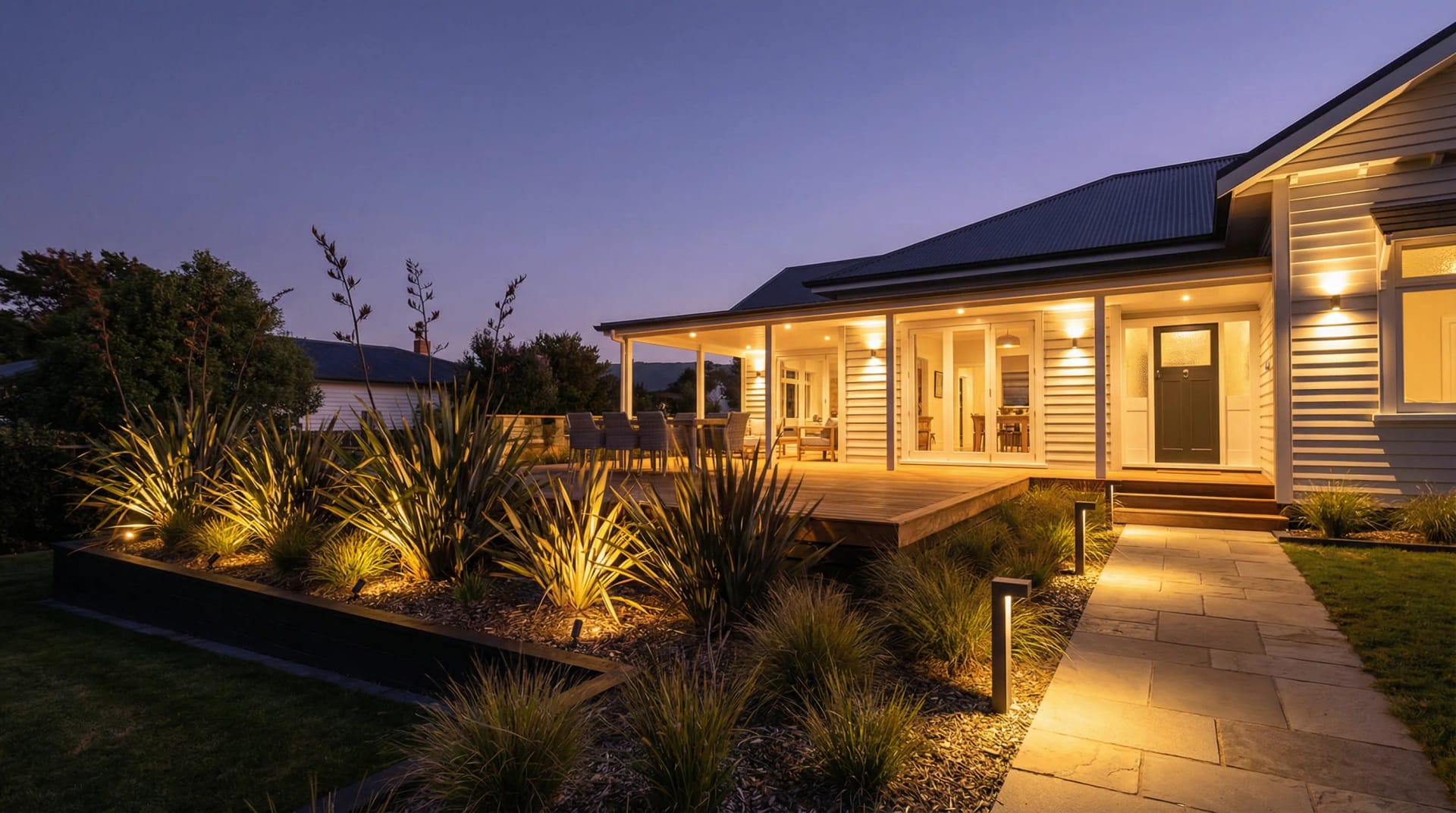 Outdoor and landscape lighting illuminating a home exterior and garden.