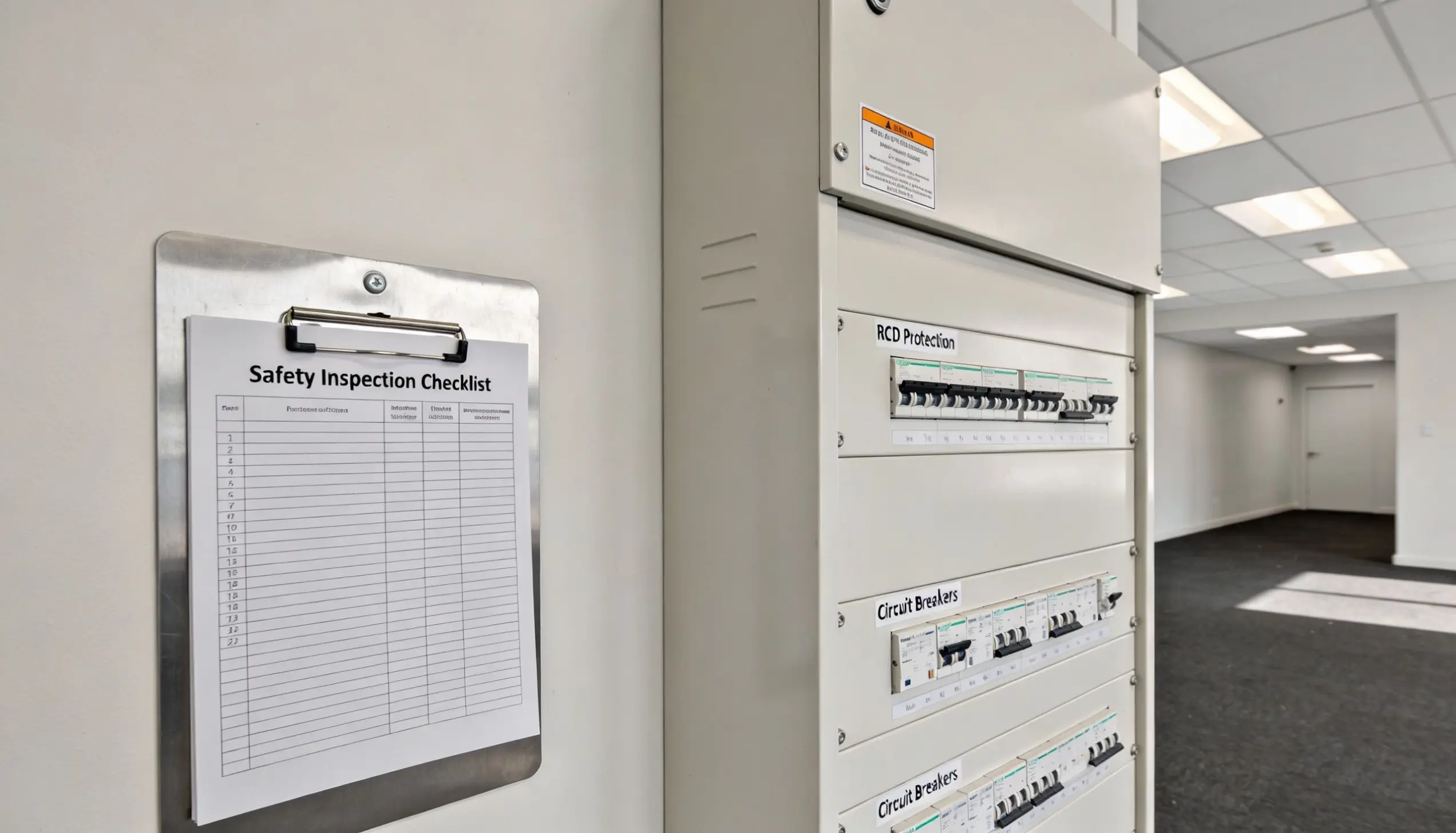 Electrical safety inspection checklist beside a main distribution board in a commercial setting.
